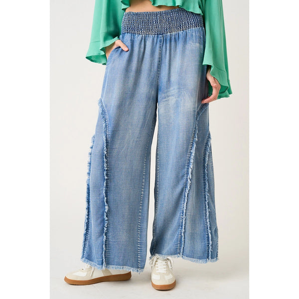 Washed Tencil Chambray Smocked Waistband Pull on Pants