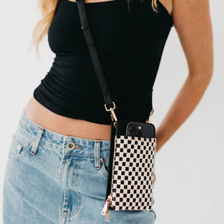 Faux Leather Cell Phone Purse Black White Checkered