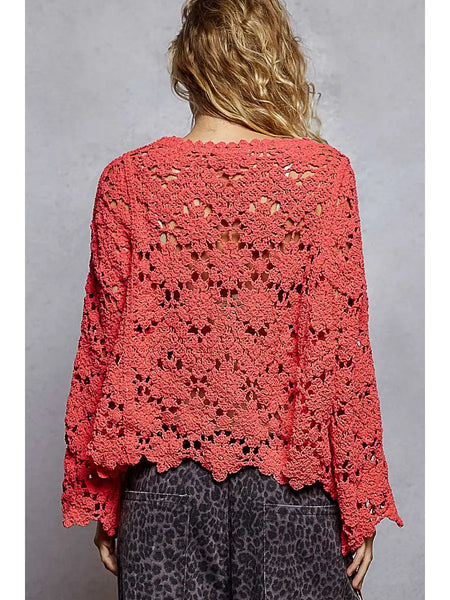 Roundneck Flare Sleeve Crochet Chenille Sweater