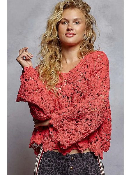 Roundneck Flare Sleeve Crochet Chenille Sweater