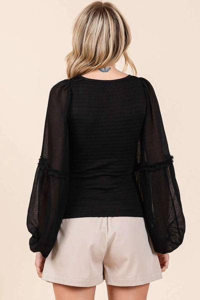 Black Chiffon Ruffle Sleeves Blouse Top