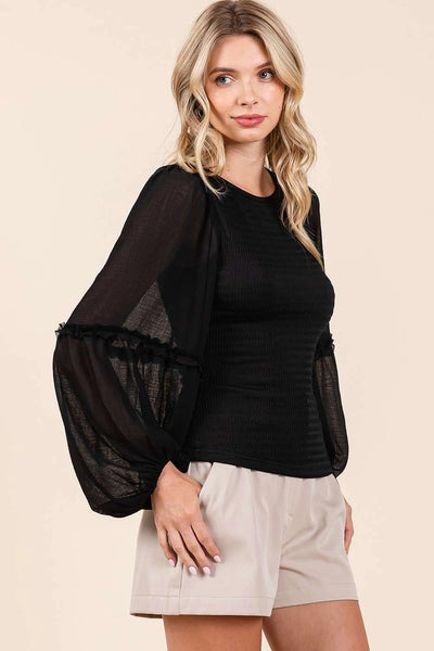 Black Chiffon Ruffle Sleeves Blouse Top