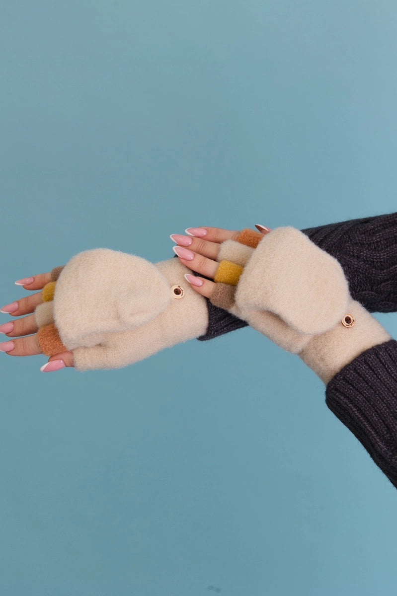 Convertible Full Coverage Fingerless Gloves Mittens Cream