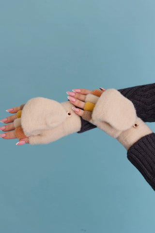 Convertible Full Coverage Fingerless Gloves Mittens Cream