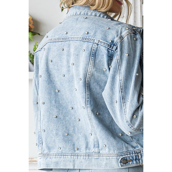 Medium Wash Denim Jean Jacket with Rhinestones