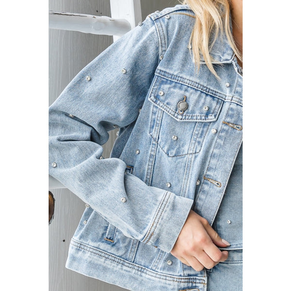 Medium Wash Denim Jean Jacket with Rhinestones