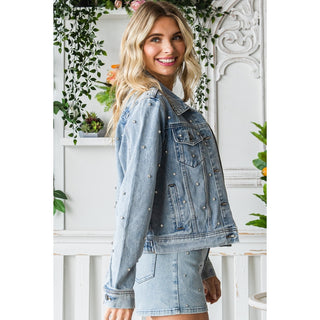 Medium Wash Denim Jean Jacket with Rhinestones