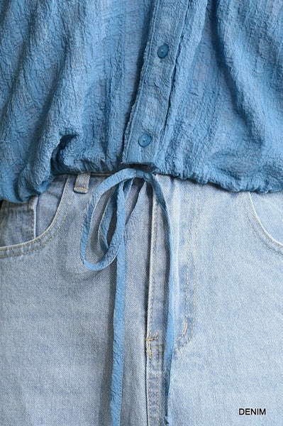 Seersucker Button Down and Off Shoulder Top with Drawstring Waist Shirt Denim Blue
