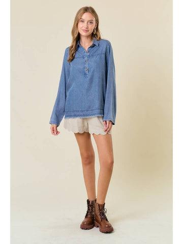 Denim Collared Neckline Long Sleeve Popover Shirt