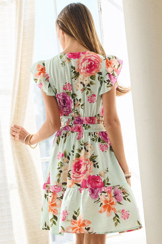 Mint Floral Printed Ruffle Sleeve Dress