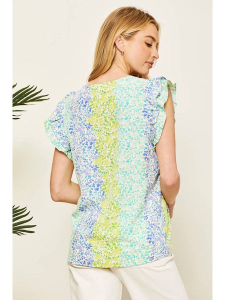 Floral Ruffle Sleeve Striped Sleeveless Top