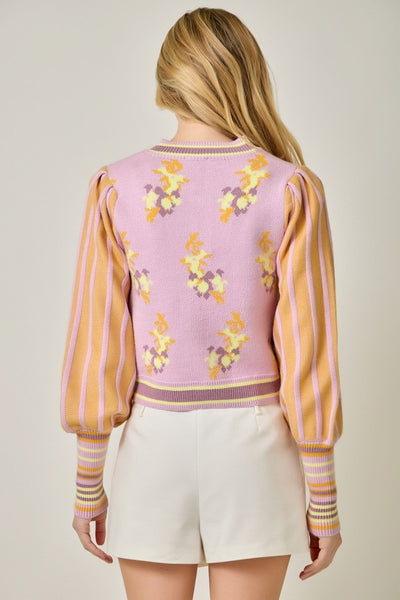 Floral Bomber Knit Cardigan Sweater