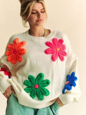 Floral Patched Drop Shoulder Round Neck Sweater