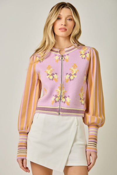 Floral Bomber Knit Cardigan Sweater