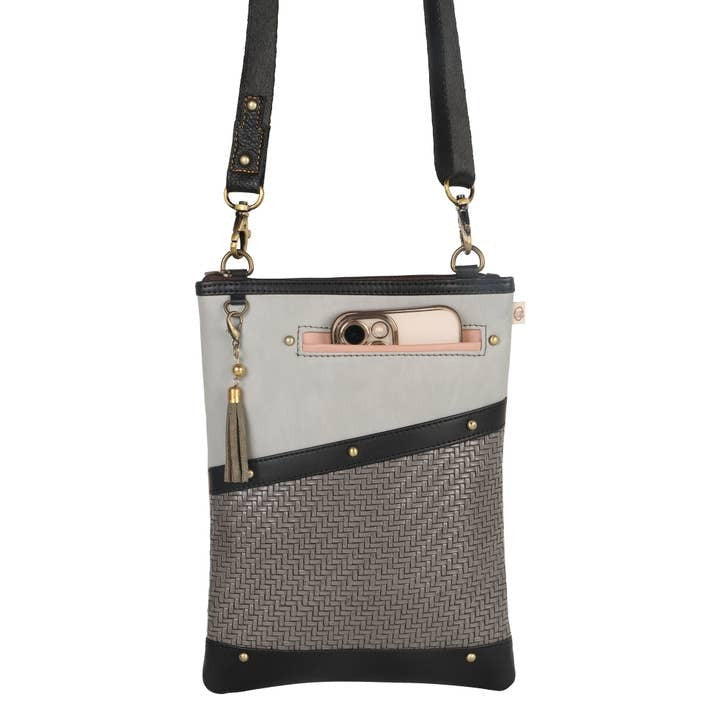 Gray Leather Recyled Crossbody Cross body Purse w Front Cellphone Pocket