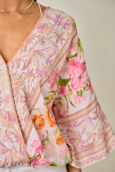 Border Print Front Wrap Kimono Top