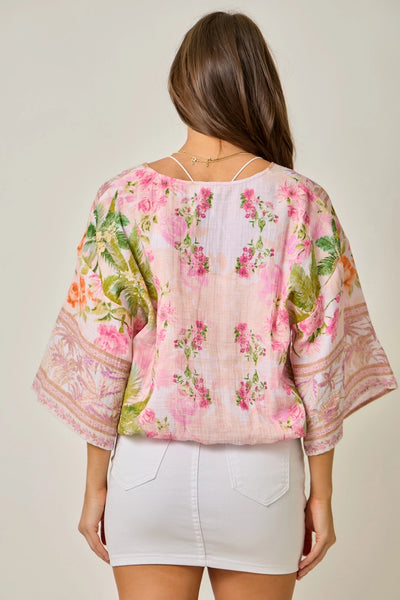 Border Print Front Wrap Kimono Top