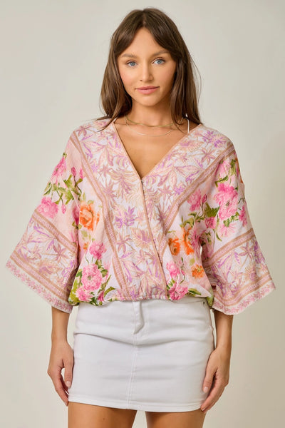 Border Print Front Wrap Kimono Top