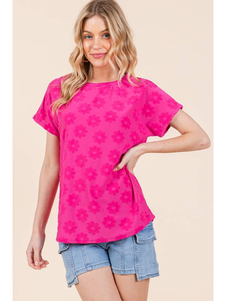 Short Sleeve Fuschia Round Neck Floral Top
