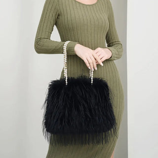 Fuzzy Faux Fur Black Pearl Strap Purse