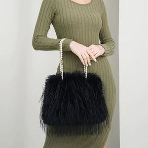 Fuzzy Faux Fur Black Pearl Strap Purse