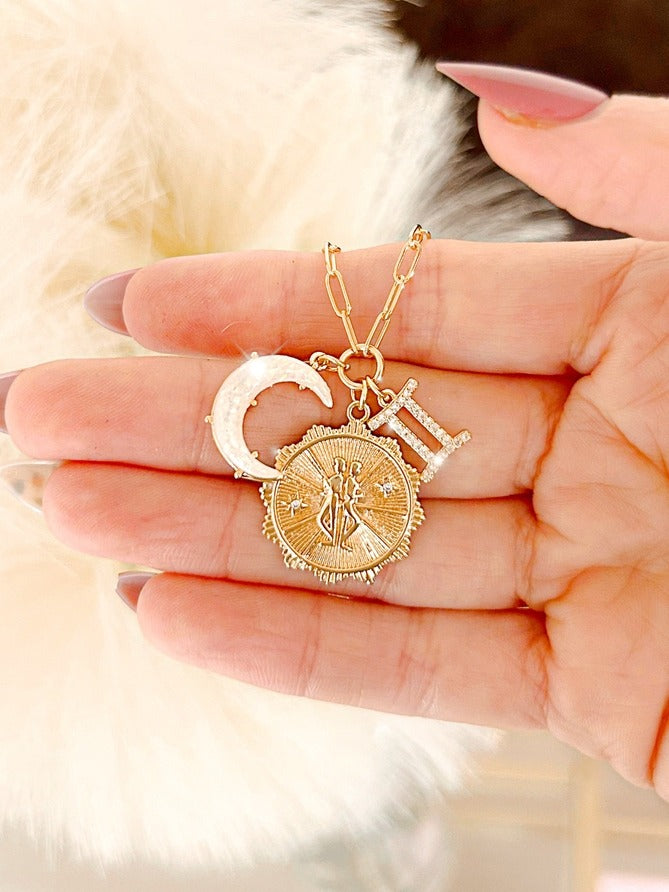 Gemini Three Charm Zodiac Moon CZ Pendant Paperclip Necklace
