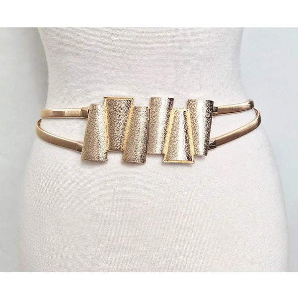 Gold Tone Double Strap Stretch Metal Waist Belt