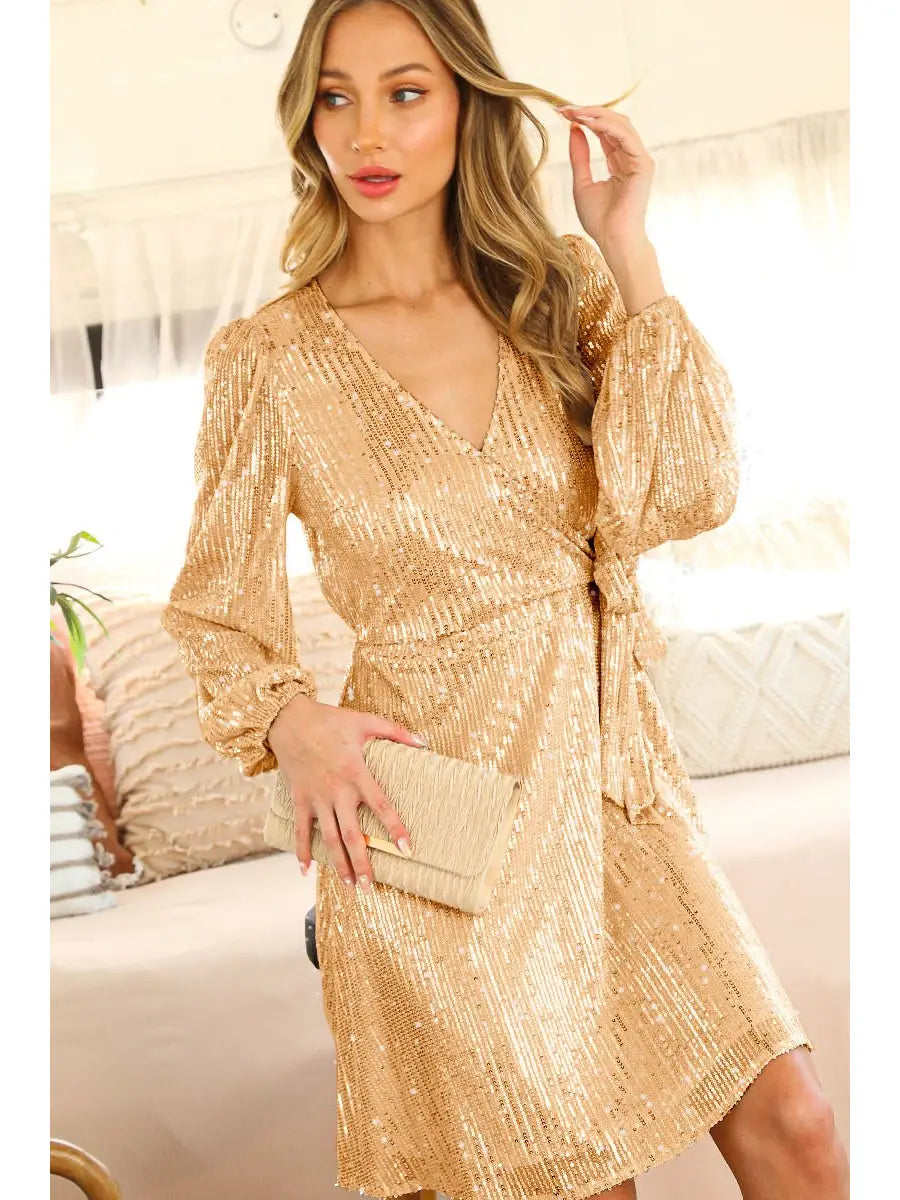Woman wearing a gold sequin dress 