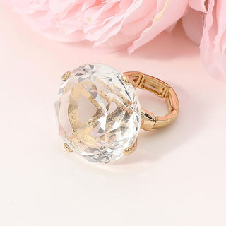 Oversize Diamond Cut Round Glass Gold Stone Stretch Ring