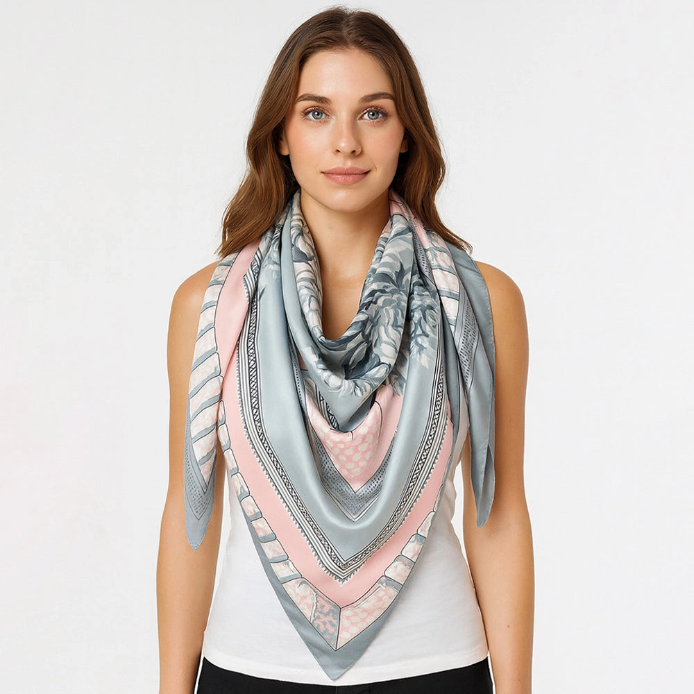 Large Baroque Style Silk Square Scarf Gray Peach White