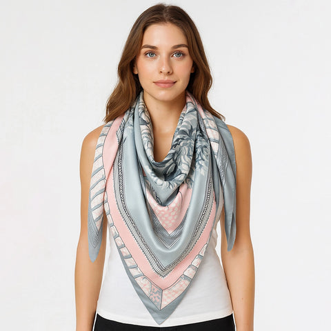 Large Baroque Style Silk Square Scarf Gray Peach White