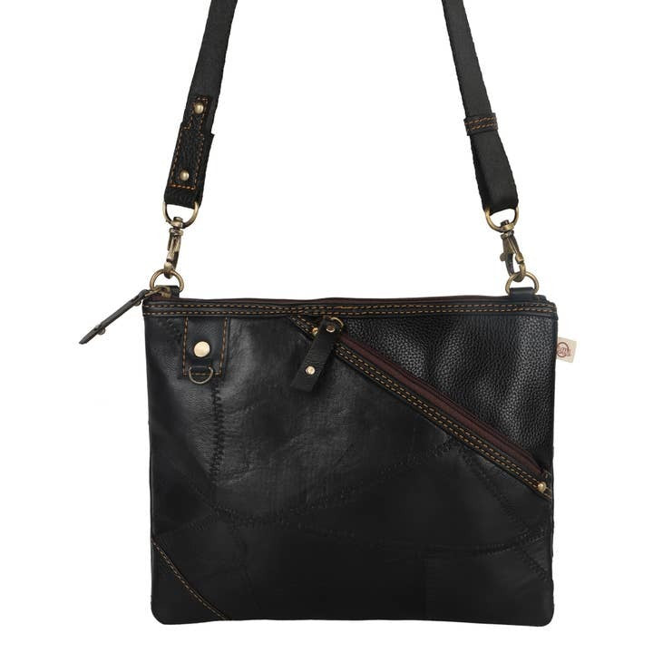 Black  Leather Recyled Canvas Crossbody Cross body Purse