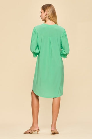 Smocked Sleeve Lizzy Collar Shirt Dress Green