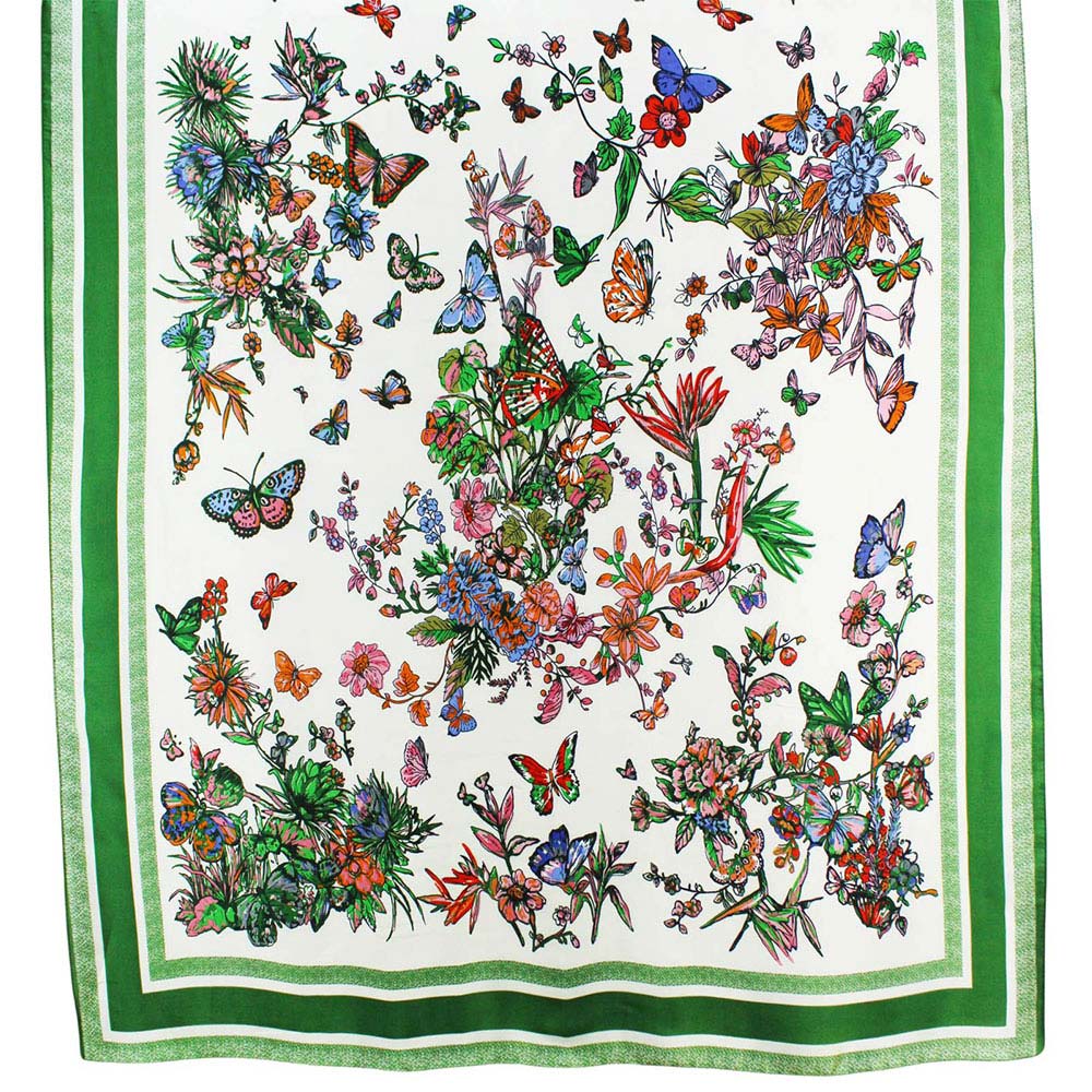 Green Flower Pattern Silk Oblong Scarf