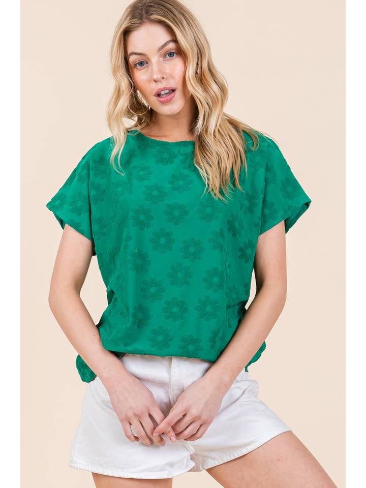 Short Sleeve Green Round Neck Floral Top