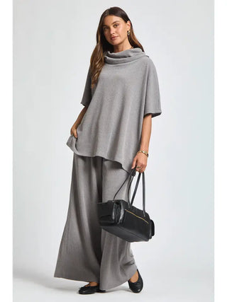 Short Sleeve Cowl Neck Poncho Top Heather Grey