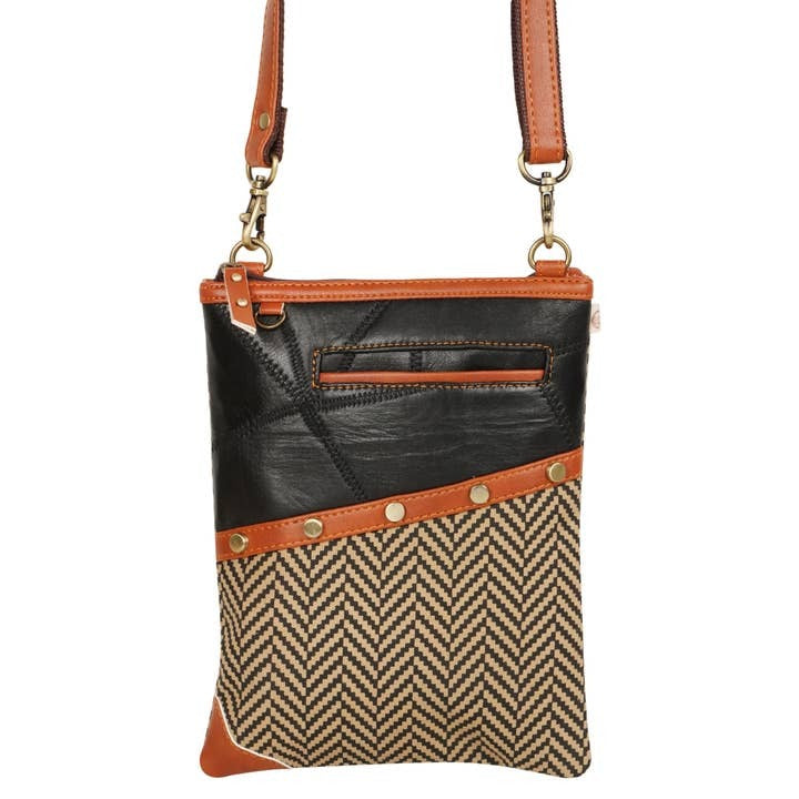 Black Herringbone Crossbody Cross body Purse w Cellphone Pocket