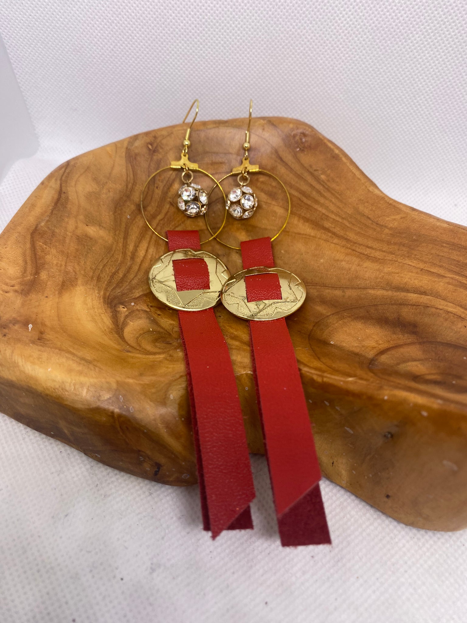 Surgical Steel Gold Finish Red Leather Crystal Dangle Earrings