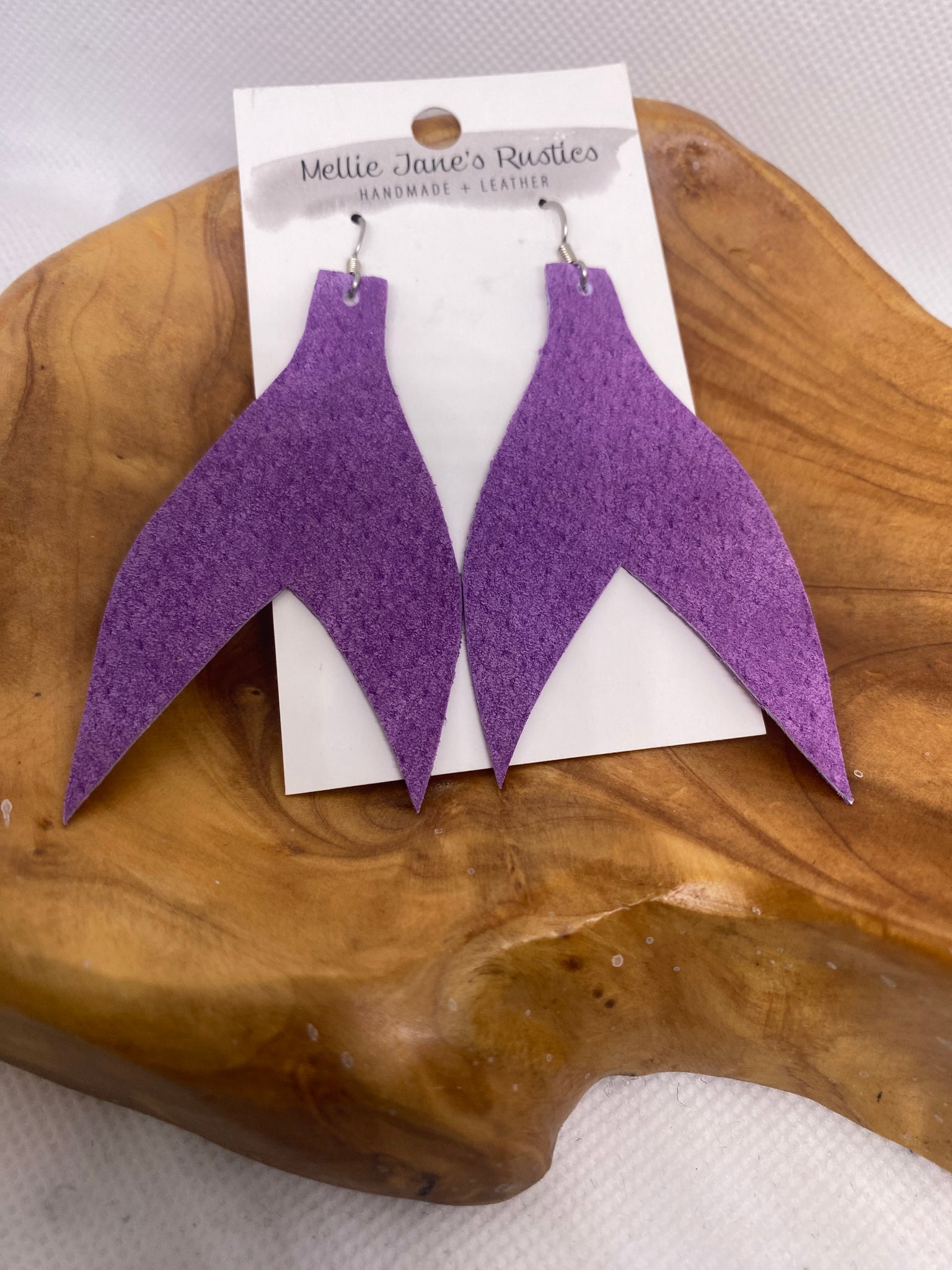 Mermaid Tail Purple Surgical Stainless Steel Handmade in USA Leather Earrings