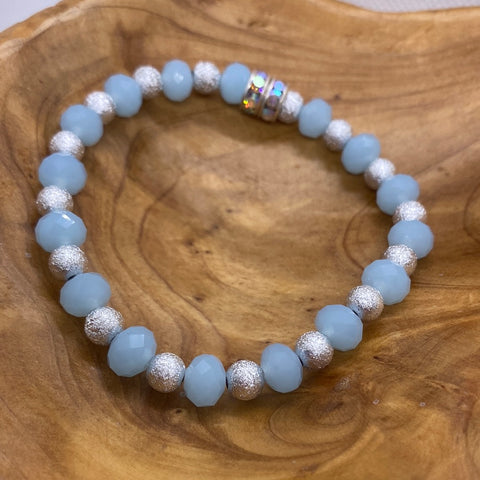 Custom Light Blue Silver Bead Stretch Bracelet
