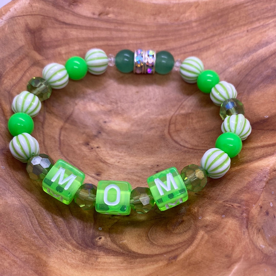 Custom Mom Green Round Square Beaded Stretch Bracelet