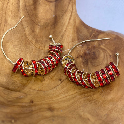 Red Gold Rhinestone Hoop Earrings