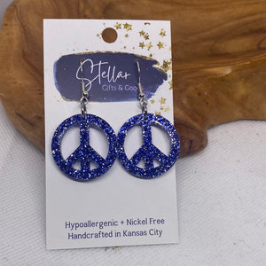 Blue Glitter Peace Acrylic Earrings