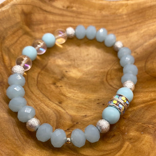 Custom Light Blue Rondelle Silver Bead Round Clear Stretch Bracelet