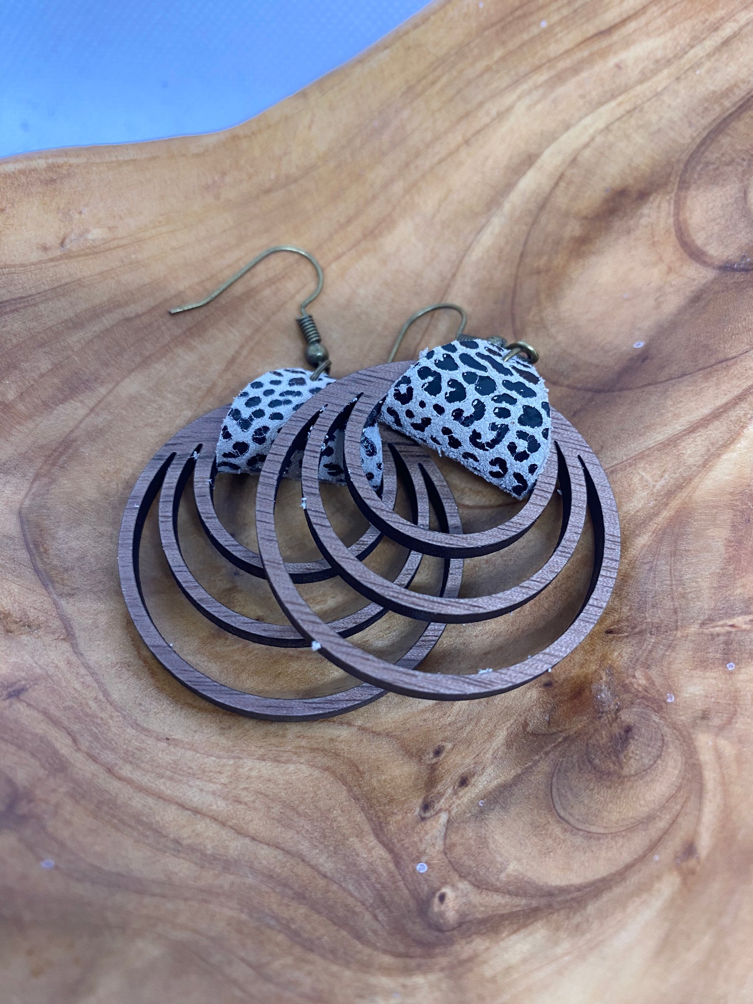 Wood Cheetah Print Triple Hoop Earrings