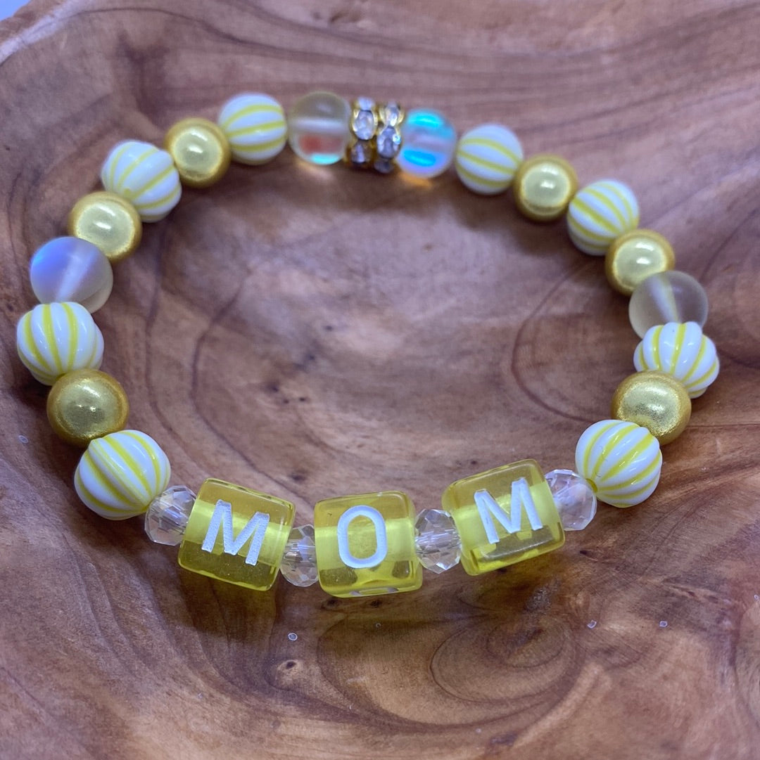 Custom Mom Yellow Round Square Beaded Stretch Bracelet