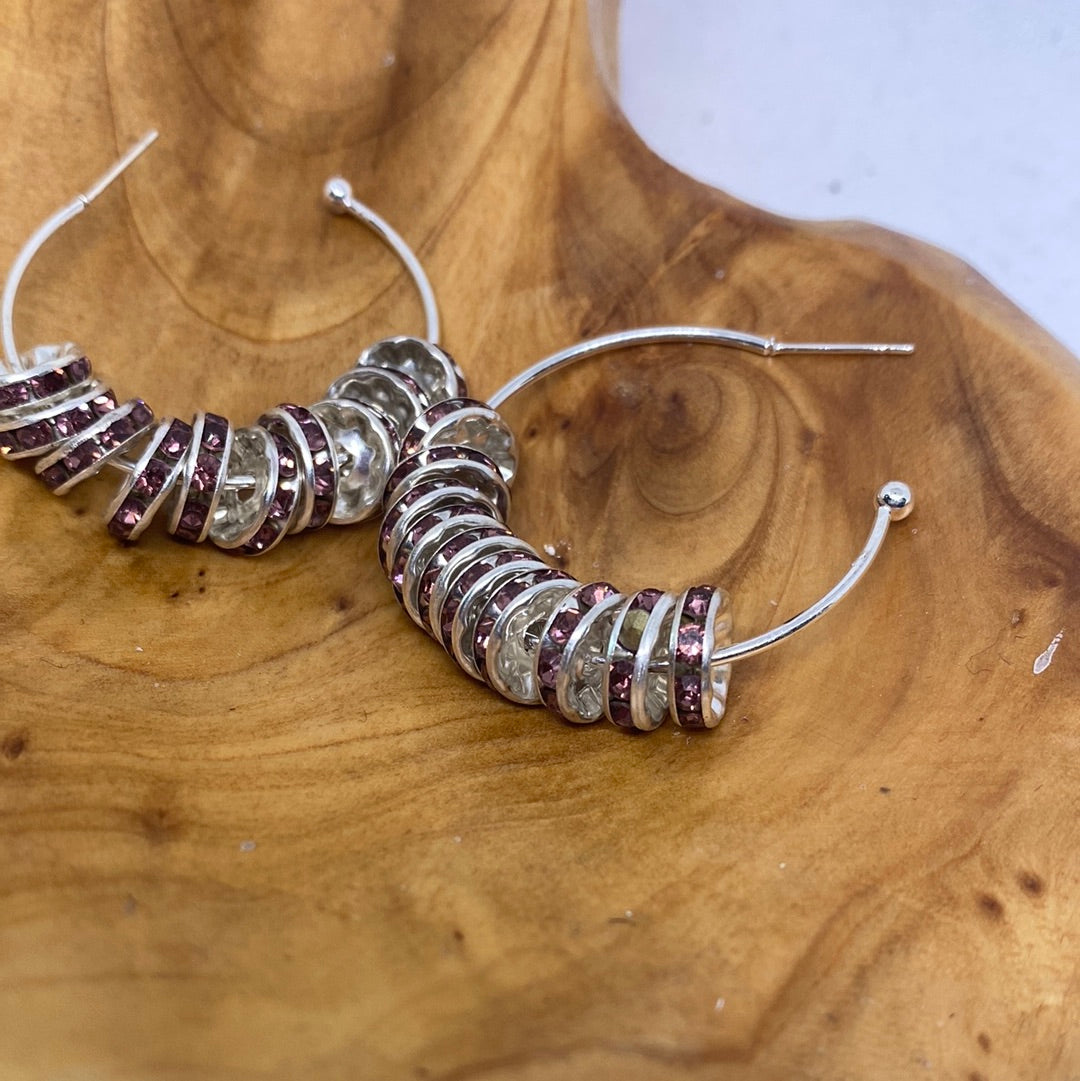 Purple Silver Rhinestone Hoop Earrings