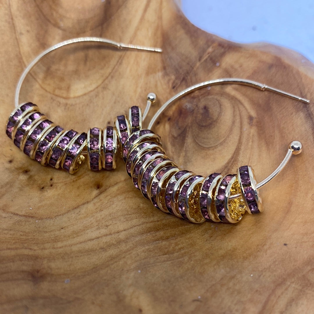 Purple Gold Rhinestone Hoop Earrings