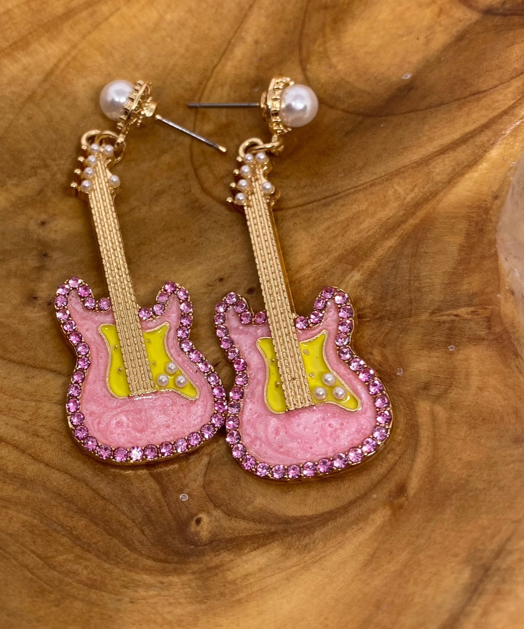 Pink Gold Rhinestone Guitar Faux Pearl Earrings