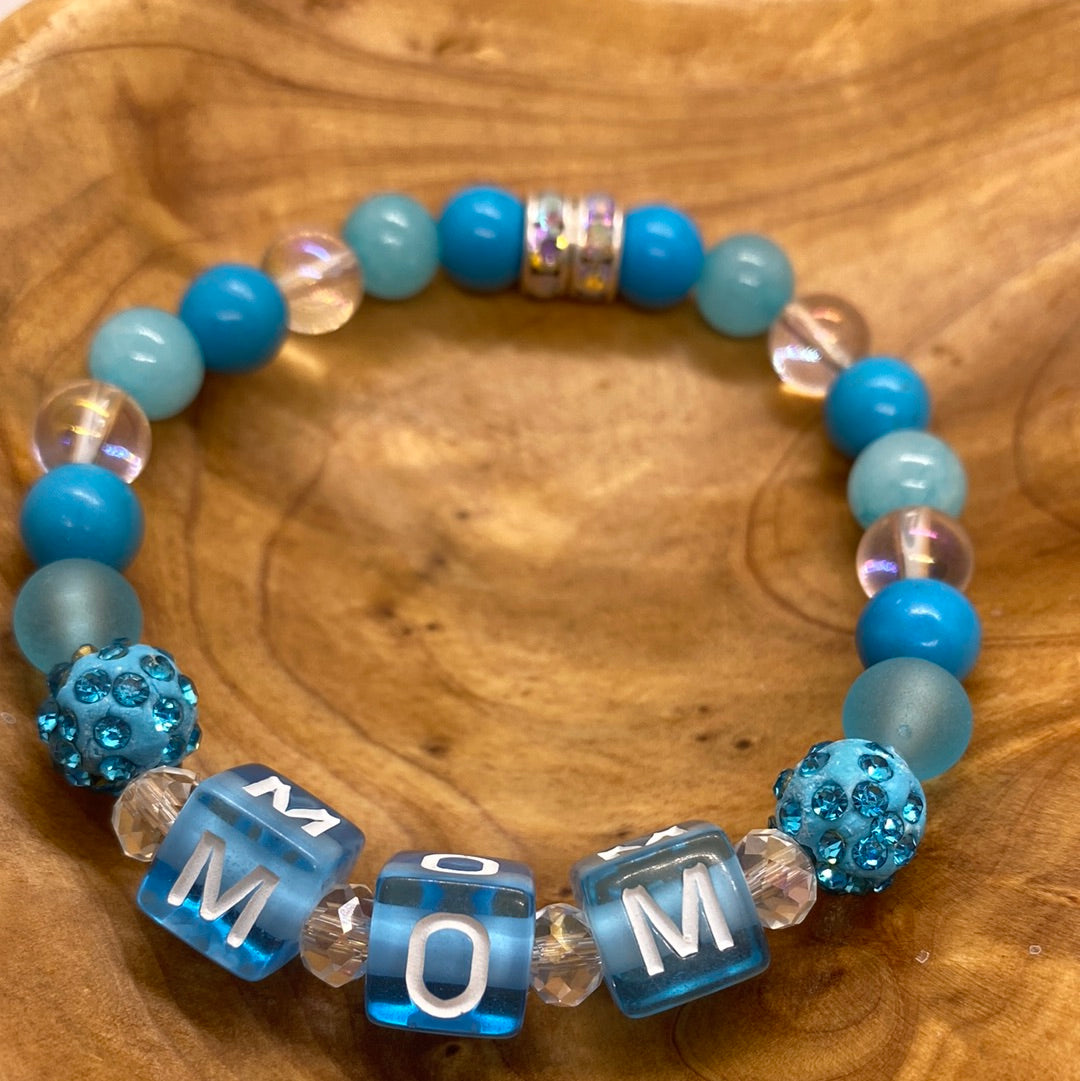Custom Mom Turquoise Round Square Beaded Stretch Bracelet